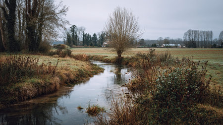 A photograph of normandy countryside valley, salt tolerant plants, french winter, ultra realistic...