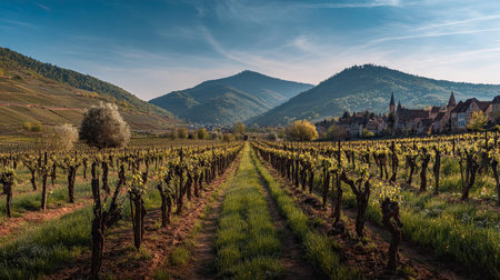 A photograph of France with alsace village vineyards, french spring, ultra realistic landscape...