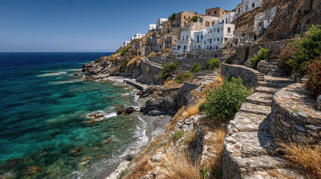 A photograph of a white coastal village in Greece, featuring stone terraces and a clear blue ocean....
