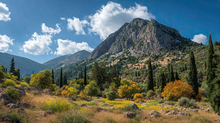 A photograph of Greece with delphi mountain sanctuary, pine trees, greek autumn, ultra realistic...