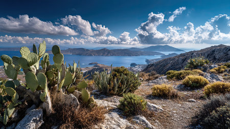 A photograph of Greece 4 with cyclades island panorama, cactus plants, greek winter, ultra realistic...