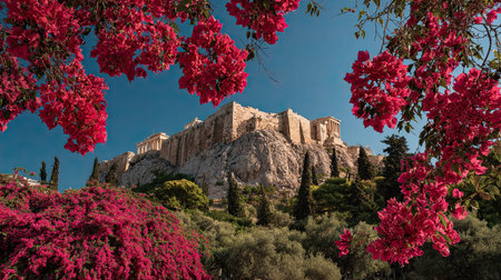 A photograph of Greece 18 with athens acropolis hill, bougainvillea flowers, greek winter, ultra...