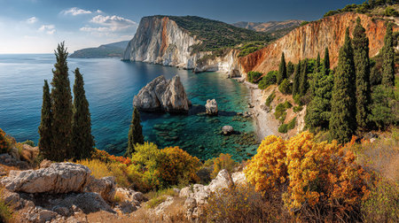A photograph of Greece 58 with greek coastal cliff panorama, cypress trees, greek autumn, ultra...