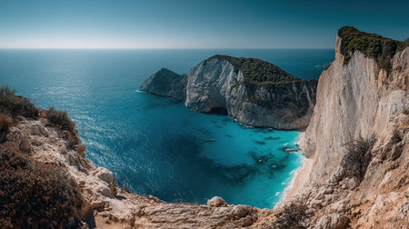 A photograph of Greece 61 with navagio beach cliffs, coastal vines, greek summer, ultra realistic landscape photography, wide angle lens, natural colors, clean composition, no peopleの写真素材
