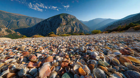 A photograph of Greece 11 with delphi mountain sanctuary, seashell fragments, greek summer, ultra...