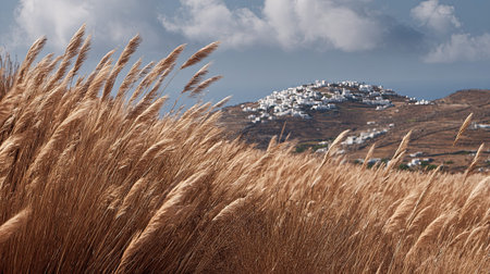 A photograph of Greece with cyclades village hillside, wild mediterranean grasses, greek autumn, ultra realistic landscape photography, wide angle lens, natural colors, clean composition, no peopleの写真素材