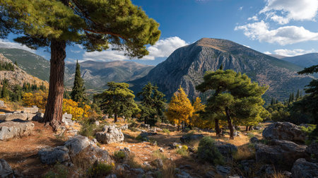 A photograph of Greece 41 with delphi mountain sanctuary, pine trees, greek autumn, ultra realistic...