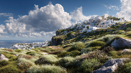A photograph of Greece 64 with santorini white village terraces, coastal herbs, greek spring, ultra realistic landscape photography, wide angle lens, natural colors, clean composition, no peopleの写真素材