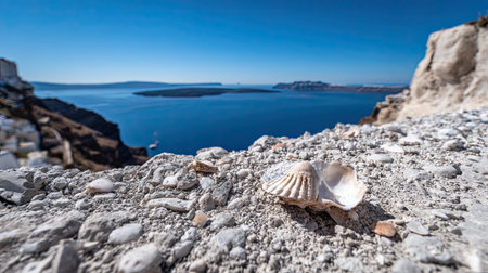 A photograph of Greece 5 with santorini caldera cliffs, seashell fragments, greek autumn, ultra...