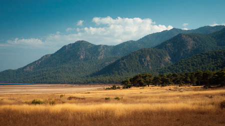 A photograph of Turkey 26 with black sea mountain forests, dry grass fields, turkish spring, ultra realistic landscape photography, wide angle lens, natural colors, clean composition, no peopleの写真素材