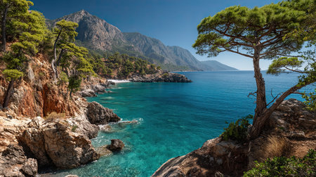 A photograph of Turkey 72 with turquoise coast cliffs, cypress trees, turkish spring, ultra...