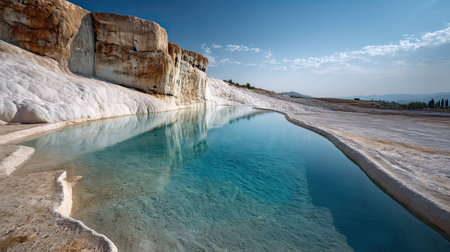 A photograph of Turkey 83 with pamukkale limestone hills, rock formations, turkish spring, ultra realistic landscape photography, wide angle lens, natural colors, clean composition, no peopleの写真素材
