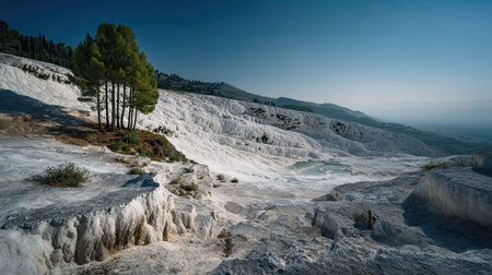 A photograph of Turkey with pamukkale limestone hills, dense forest trees, spring, ultra realistic...