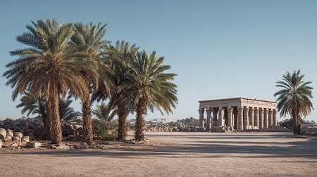 A photograph of Egypt with dendera temple landscape, date palms, ultra realistic landscape...
