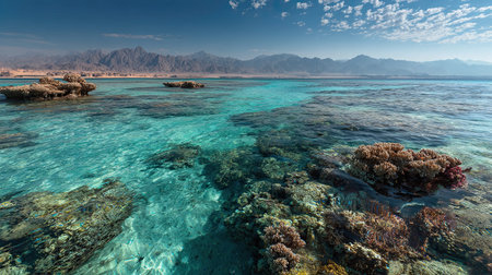 A photograph of Egypt with desert wilderness, coral reef waters, autumn, ultra realistic landscape...