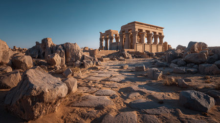 A photograph of Egypt 68 with dendera temple landscape, rocky desert stones, egyptian winter, ultra...