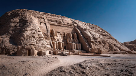 A photograph of Egypt 45 with abu simbel temples cliffs, rocky desert soil, egyptian spring, ultra...