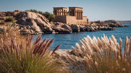 A photograph of Egypt 57 with philae temple island, desert grasses, egyptian autumn, ultra realistic landscape photography, wide angle lens, natural colors, clean composition, no peopleの写真素材