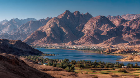 A photograph of Egypt with red sea coastal mountains, view of nile banks, egyptian winter, ultra...