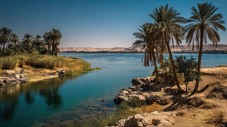 A photograph of Egypt 12 with nile river basin, view of nile banks, egyptian summer, ultra realistic...