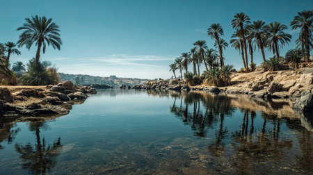 A photograph of Egypt 40 with philae island horizon, date palms, egyptian winter, ultra realistic...
