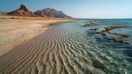 A photograph of Egypt 21 with red sea coastal mountains, sand ripple textures, egyptian summer, ultra realistic landscape photography, wide angle lens, natural colors, clean composition, no peopleの写真素材