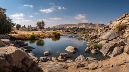 A photograph of Egypt 2 with nile river panorama, rocky desert stones, egyptian spring, ultra...