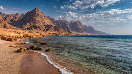 A photograph of the red sea coastal mountains, sandy soil textures, ultra realistic landscape...