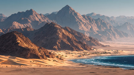 A photograph of red sea coastal mountains, desert sand dunes, egyptian autumn, ultra realistic...