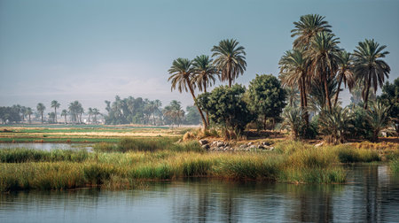 A photograph of Egypt 56 with nile delta farmland valley, nile river reeds, egyptian summer, ultra...