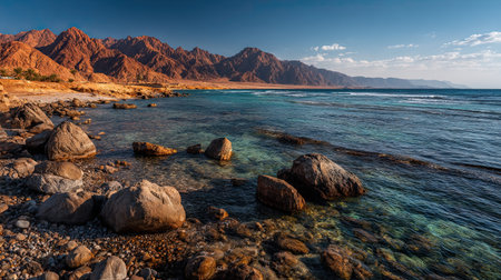 A photograph of Egypt 83 with red sea coastal mountains, rock fragments, egyptian autumn, ultra...