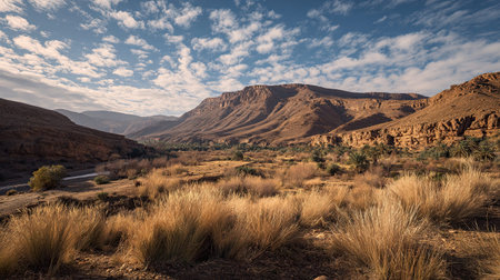 A photograph of a todra canyon landscape, wild desert grasses, moroccan winter, ultra realistic...
