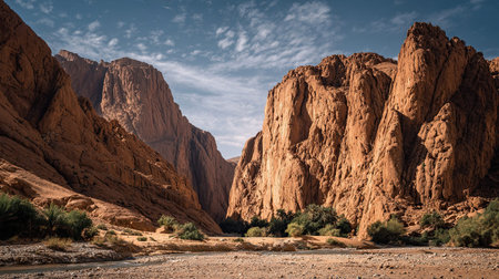 A photograph of Morocco 91 with todra gorge canyon cliffs, wind shaped sand, moroccan summer, ultra...