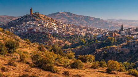 A photograph of Morocco with fes medina skyline, mountain moss patches, moroccan autumn, ultra...