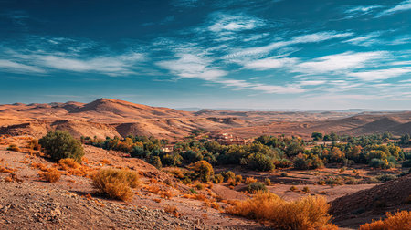 A photograph of Morocco 99 with merzouga desert horizon, view of alpine vegetation, moroccan autumn,...