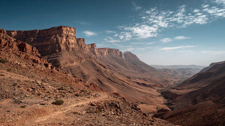 A photograph of Morocco 74 with moroccan desert plateau, canyon stone walls, moroccan winter, ultra...