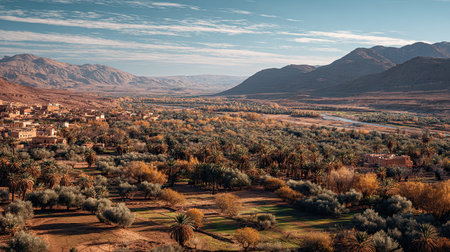 A photograph of Morocco 70 with moroccan oasis valley, almond trees, moroccan winter, ultra...