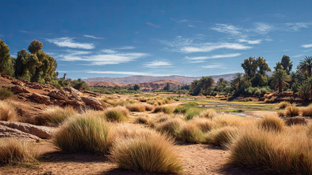 A photograph of Morocco 63 with moroccan oasis valley, wild desert grasses, moroccan spring, ultra...