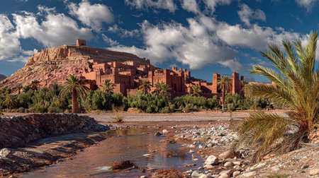 A photograph of Morocco 80 with ait ben haddou kasbah valley, date palm oasis, moroccan spring,...