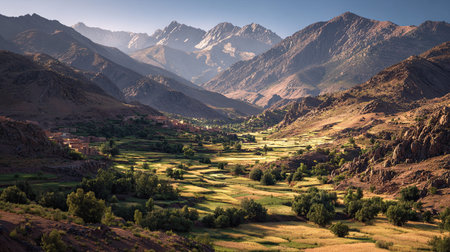 A photograph of a Moroccan oasis valley, alpine grasses, spring, ultra realistic landscape...