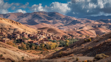 A photograph of Morocco with atlas mountain villages, wild desert grasses, moroccan spring, ultra...