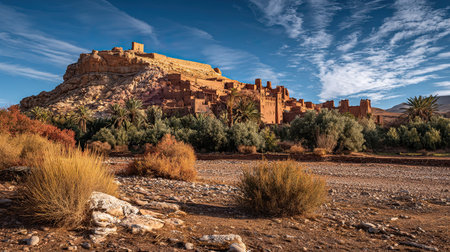 A photograph of Morocco 22 with ait ben haddou kasbah valley, pine trees, moroccan winter, ultra...