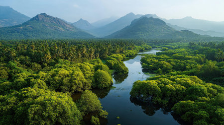 A photograph with kerala forest valley, mangrove trees, indian monsoon season, ultra realistic...
