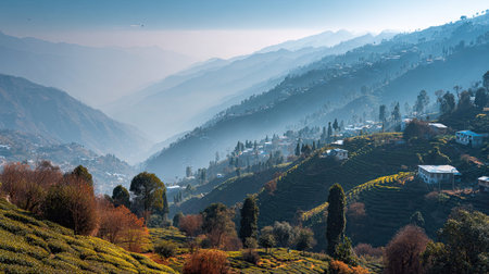 A photograph of darjeeling tea plantations, view of alpine vegetation, indian winter, ultra...