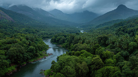 A photograph of India 31 with kerala river valley, spice plantation trees, indian monsoon season,...