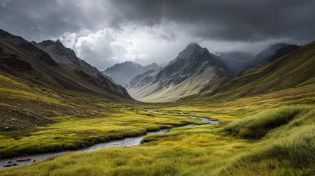 A photograph of ladakh mountain valley, alpine meadow grass, indian monsoon season, ultra realistic...