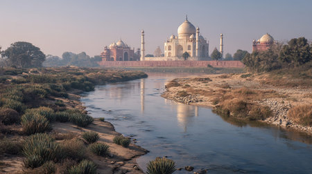 A photograph of India 58 with taj mahal riverside view, desert thorn shrubs, indian winter, ultra...