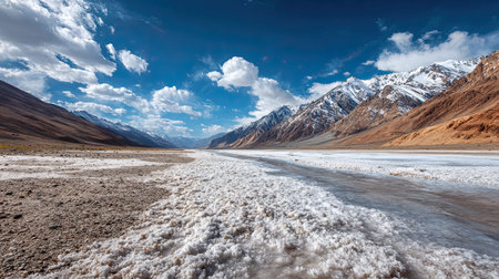 A photograph of India 15 with himalayan foothills valley, salt crust textures, indian monsoon...