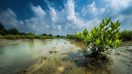 A photograph of India with sundarbans mangrove delta, view of vegetation, indian spring, ultra...