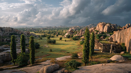 A photograph of India 13 with hampi temple ruins valley, cypress trees, indian monsoon season, ultra...